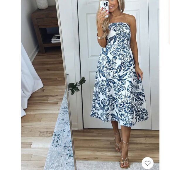 Abercrombie & Fitch Strapless Linen Blend Midi Dress in Blue Floral Size Large - Picture 1 of 10